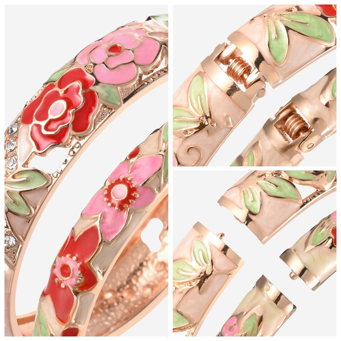 wynameleri Vintage Cloisonne Jewelry Gorgeous Rhinestone Handcrafted Bracelets Enamel Flower Bird Hinged Cuff Bangles Gifts 88C06-55A101 Cream White