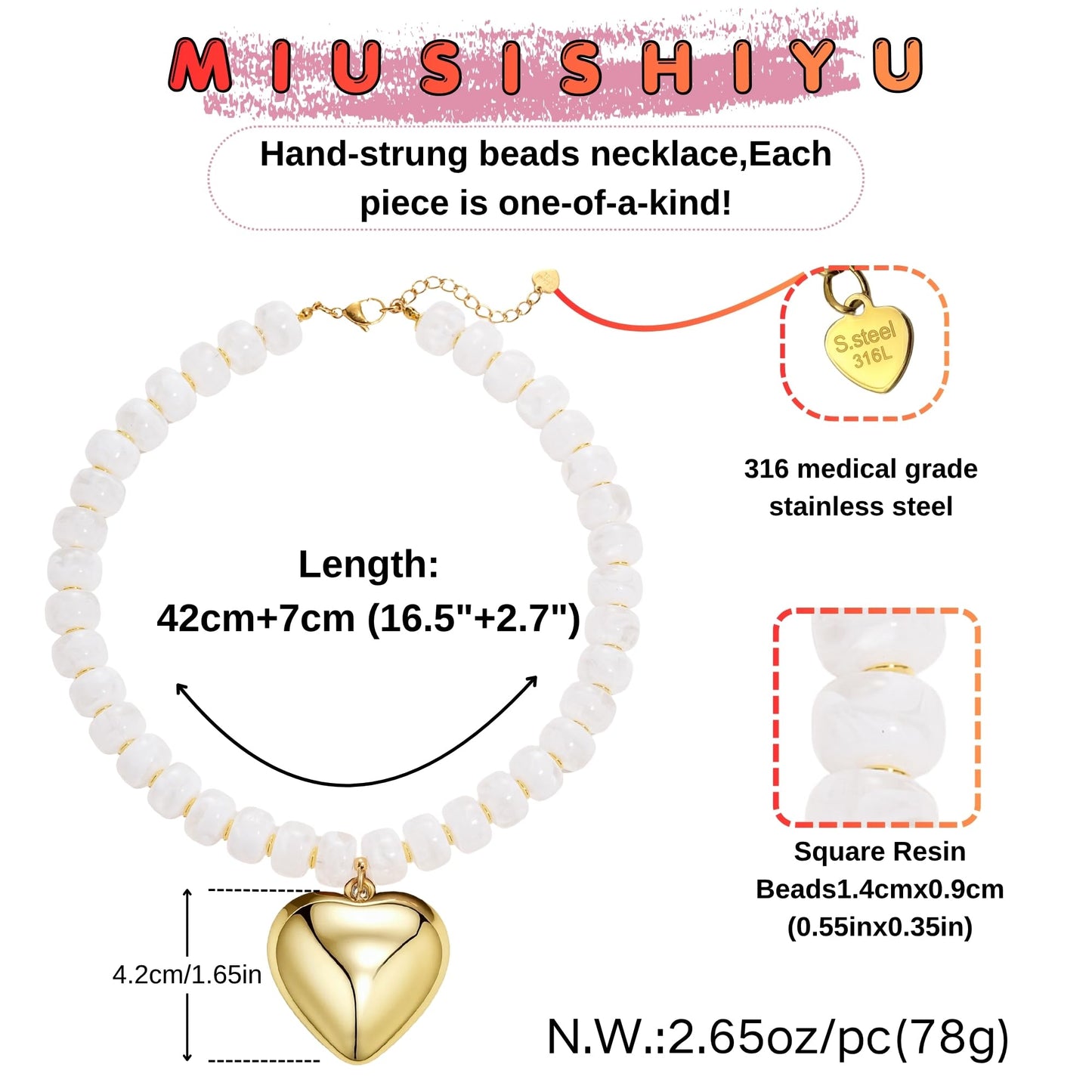 MIUSISHIYU Cream White Faux Alabaster Resin Chunky Necklaces for Women, Trendy Beaded Puffy Gold Heart Pendant Statement Choker, Lightweight Boho Y2K Summer Beach Jewelry