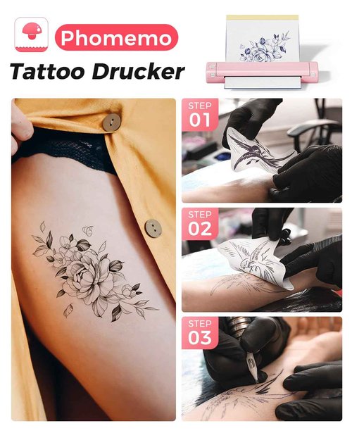 Phomemo M08F Wireless Tattoo Stencil Printer Pink & Tattoo Transfer Paper - 100 Sheets A4 Size, Bluetooth Wireless Inkless Printer Compatible with Mobile & Laptop for Home Office