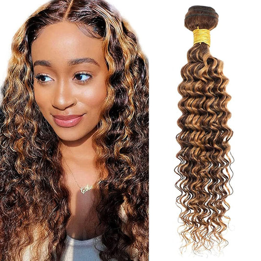 Brown Human Hair Bundles P427 Highlight Honey Blonde Deep Wave 3 Bundles Human Hair 14 16 18 Inch Double Weft Grade 12A Unprocessed Virgin Remy Hair 2 Tone #4 Mixed With Color 27 50g Per Bundle