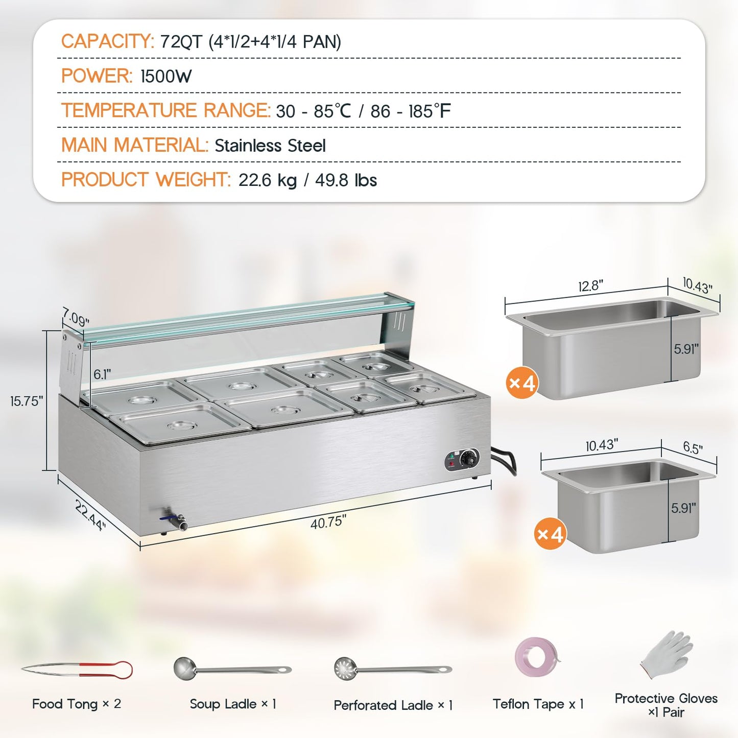 Jocisland 8-Pan 72QT Commercial Food Warmer, 1500W, Stainless Steel with Glass Lid & Food Tongs, 86-185°F Adjustable Heat for Catering and Restaurants, 110v