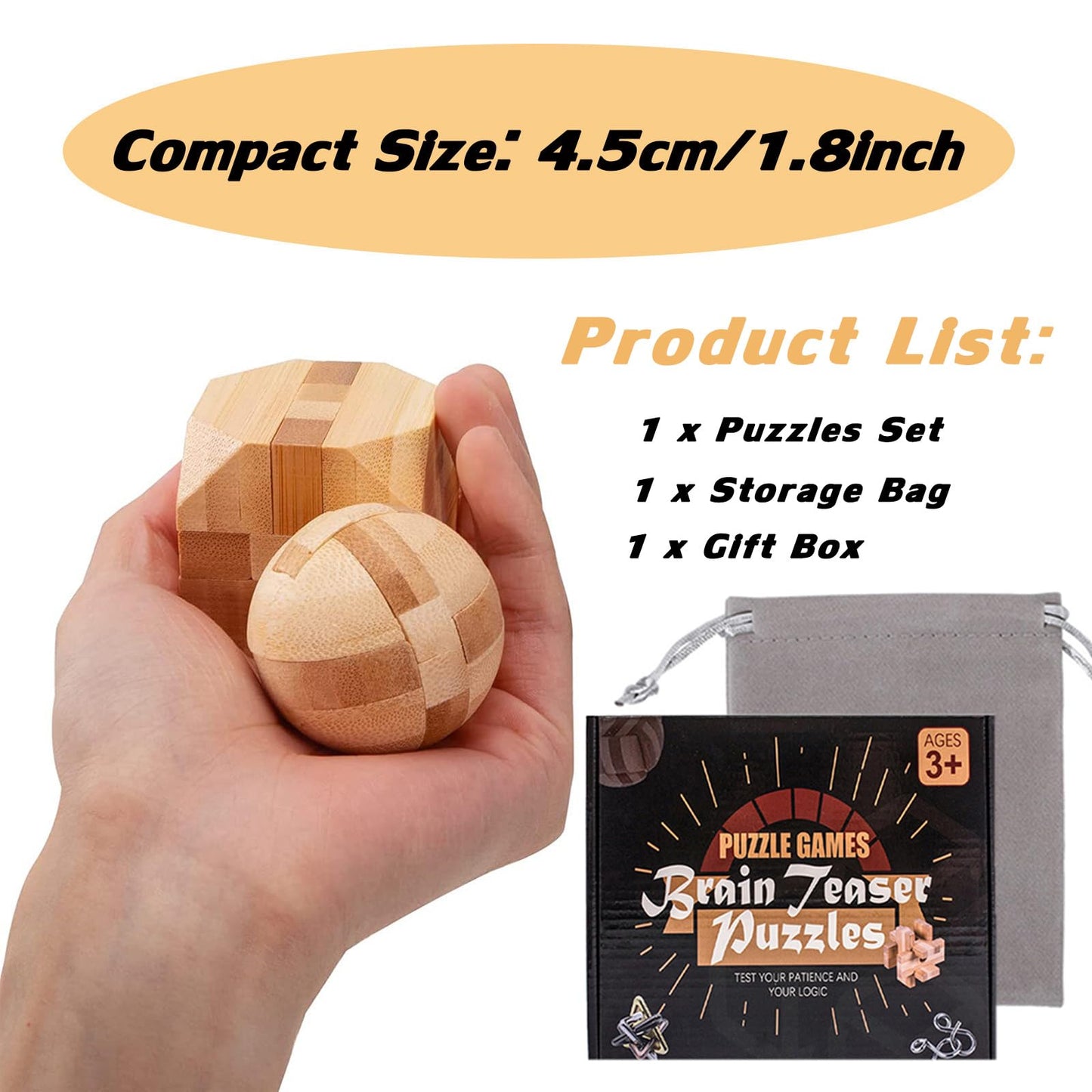 VolksRose 9pcs Wooden Brain Teaser Puzzles, IQ Challenge Puzzle Games, Logic Smart Mind Puzzle Box Lock Toy Removing Assembling 3D Small Puzzle Gift Set for Adults Teenagers Kids, 1.8inch 4.5cm