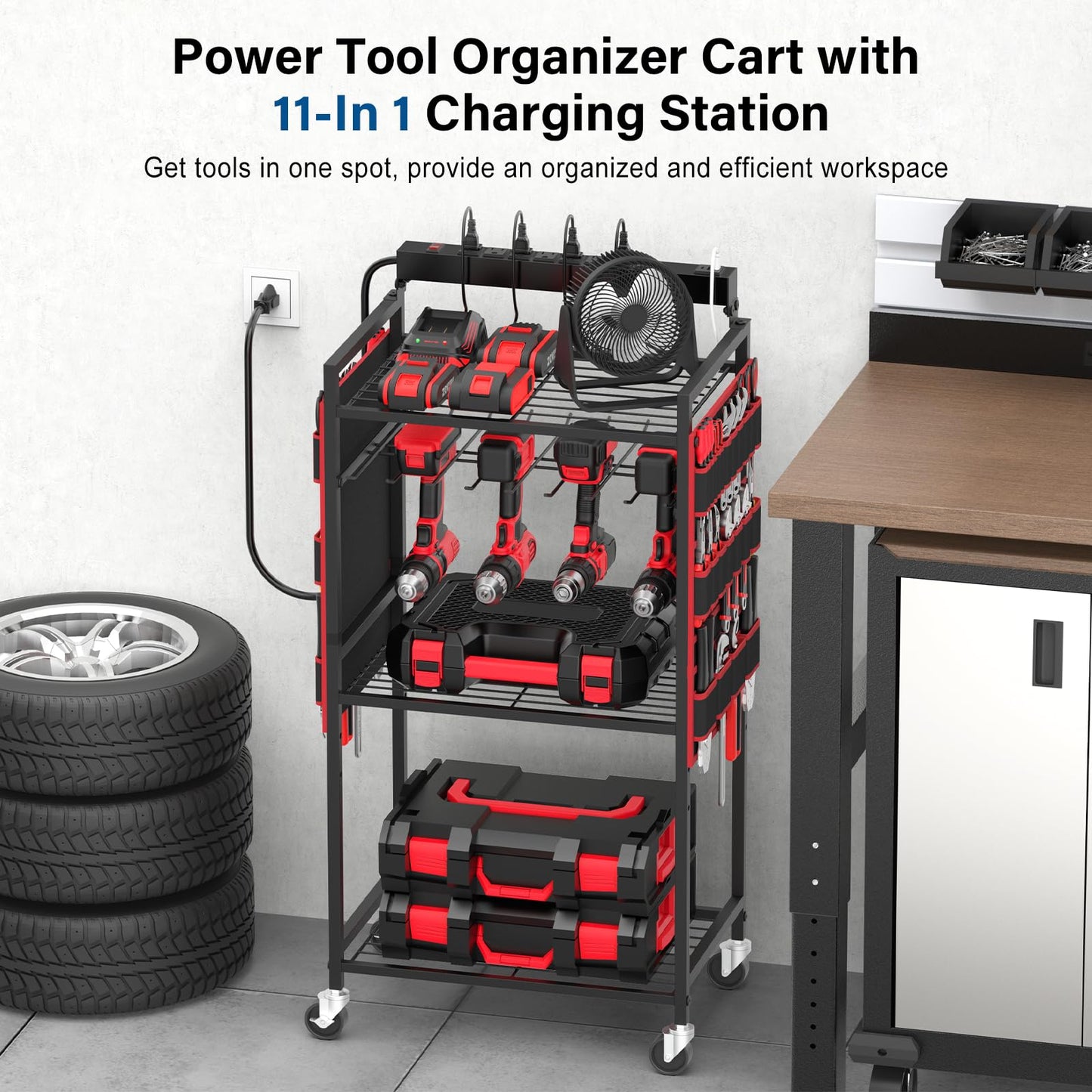 JUNNUJ Garage Large Power Tool Organizer Cart with 8 Outlet 3 USB Charging Station, Floor Rolling Drill and Tools Battery Storage Cart on Wheels, Heavy Duty Utility Rack Shelf with Power Strip