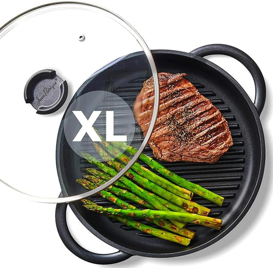 Jean-Patrique The Whatever Pan Cast Aluminum Griddle Pan for Stove Top - Lighter than Cast Iron Skillet Pancake Griddle with Lid - Nonstick Stove Top Grill Pan (11.8")