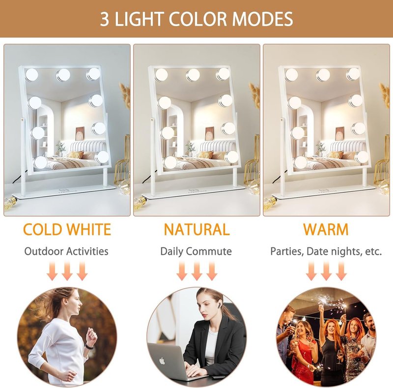 FENCHILIN Vanity Mirror with Light Lighted Makeup Mirror Vanity Smart Touch Control 3Colors Dimmable Detachable 10X Magnification Tabletop 360°Rotation(White)
