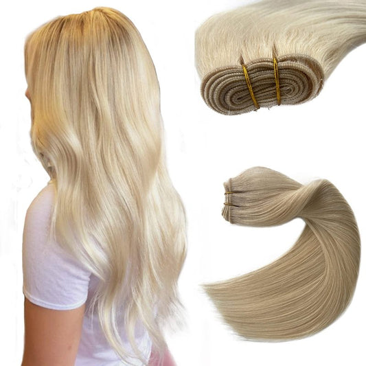 Sew in Hair Extensions Real Human Hair, Blonde Weft Hair Extensions Human Hair, 14 Inch 80G Hand Tied Weft Hair Extensions Human Hair Bundles Weave Extensions for Women