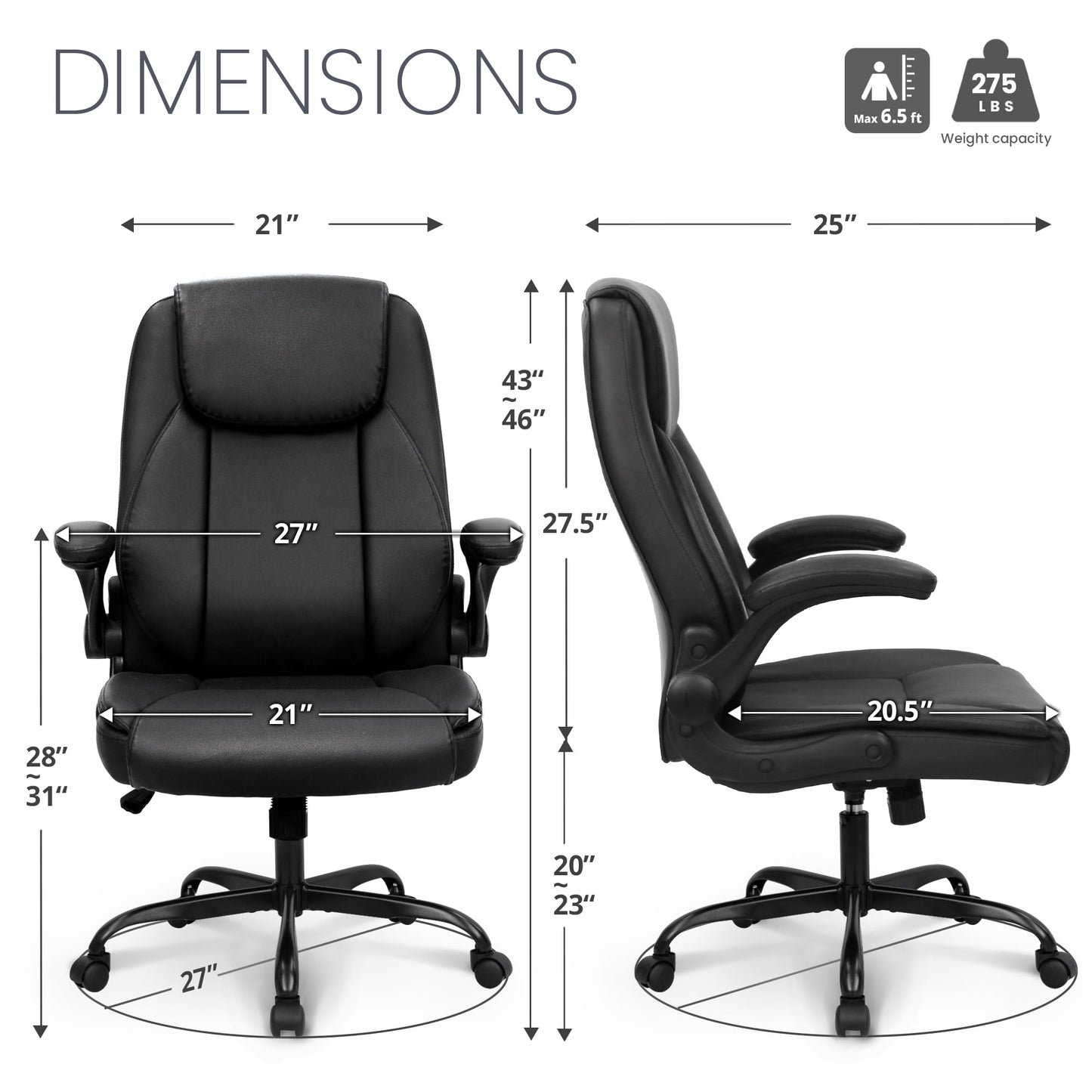 NEO CHAIR Ergonomic Office Desk Gaming Computer Chair Executive High Back Support Flip-up Arms Adjustable Height Swivel Rolling Wheels Comfy PU Leather for Home (Black)
