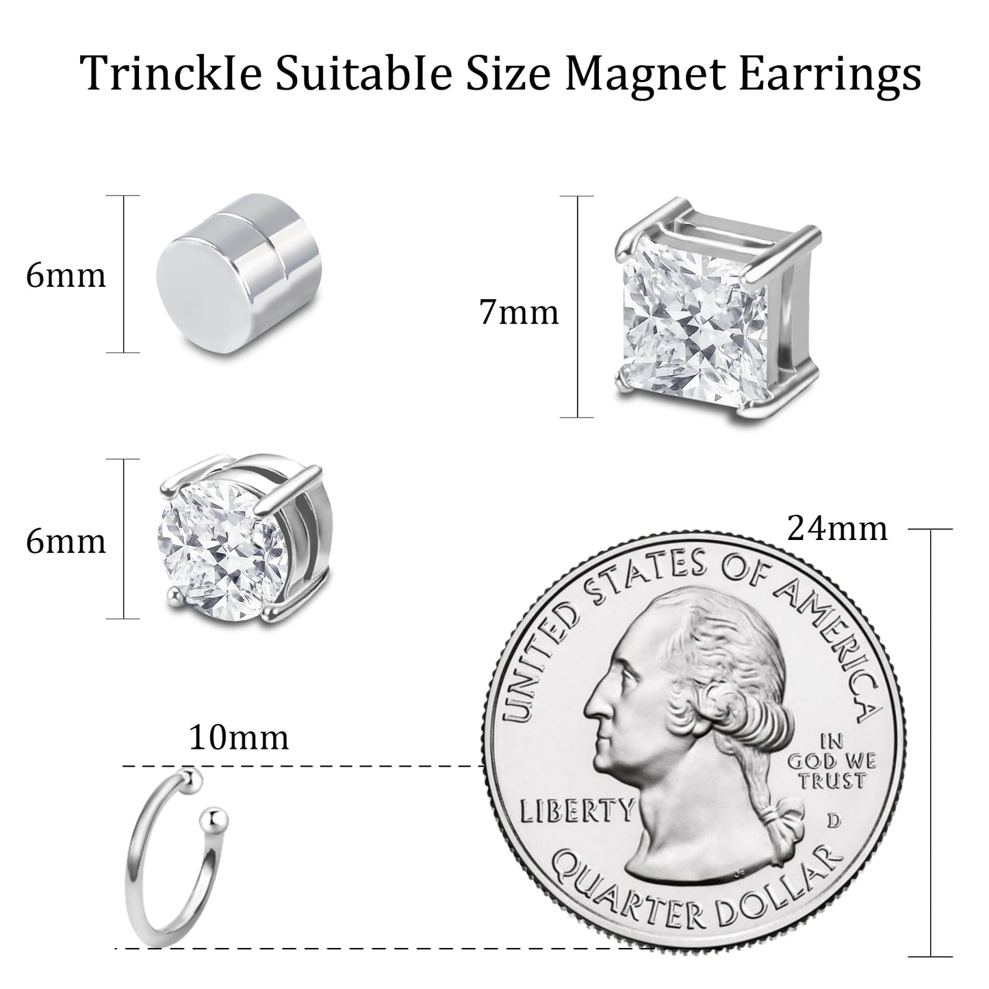 Trinckle Magnetic Earrings for Men and Women, 4 Pairs Clip on Earrings Silver Stainless Steel Studs Hypoallergenic Ear Cuffs Non Piercing Magnet Cubic Zirconia Studs Silver Jewelry