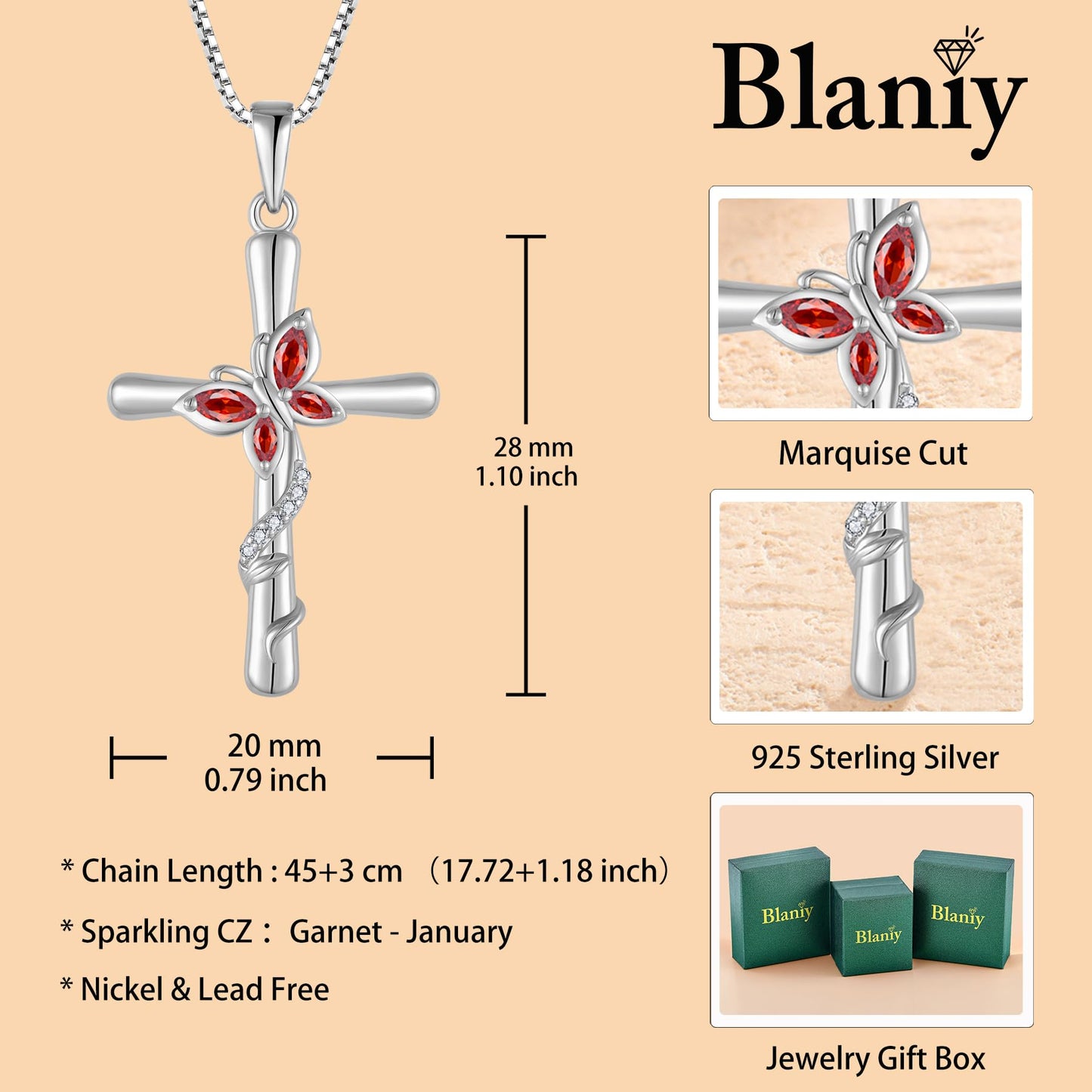 Blaniy Cross Necklace for Women 925 Sterling Silver Butterfly Necklace Garnet Pendant Necklaces January Birthstone Jewelry Gifts for Women