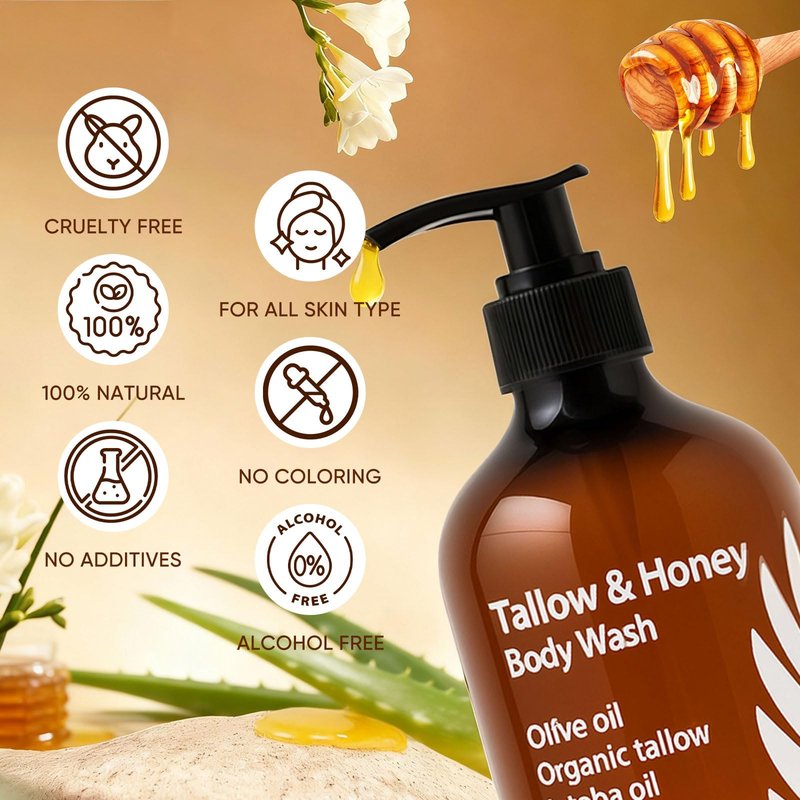 WDVNEX Tallow and Honey Body Wash, Grass-Finished Tallow & Honey Organic Body Wash -10oz, with Grass-Fed Tallow, Olive Oil, Aloe Vera, Shea Butter and Jojoba Oil, Clean & Hydrate Skin (1)