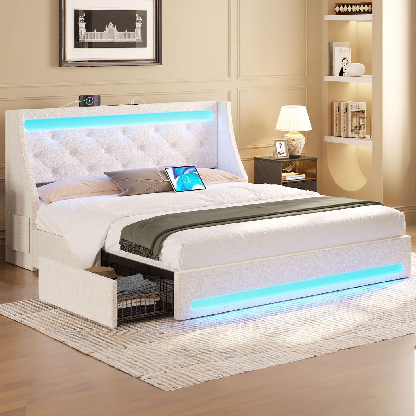 Rolanstar Queen Bed Frame with LED Lights and Charging Station, Upholstered Bed with Drawers, Wooden Slats, Noise Free, Easy Assembly, Beige