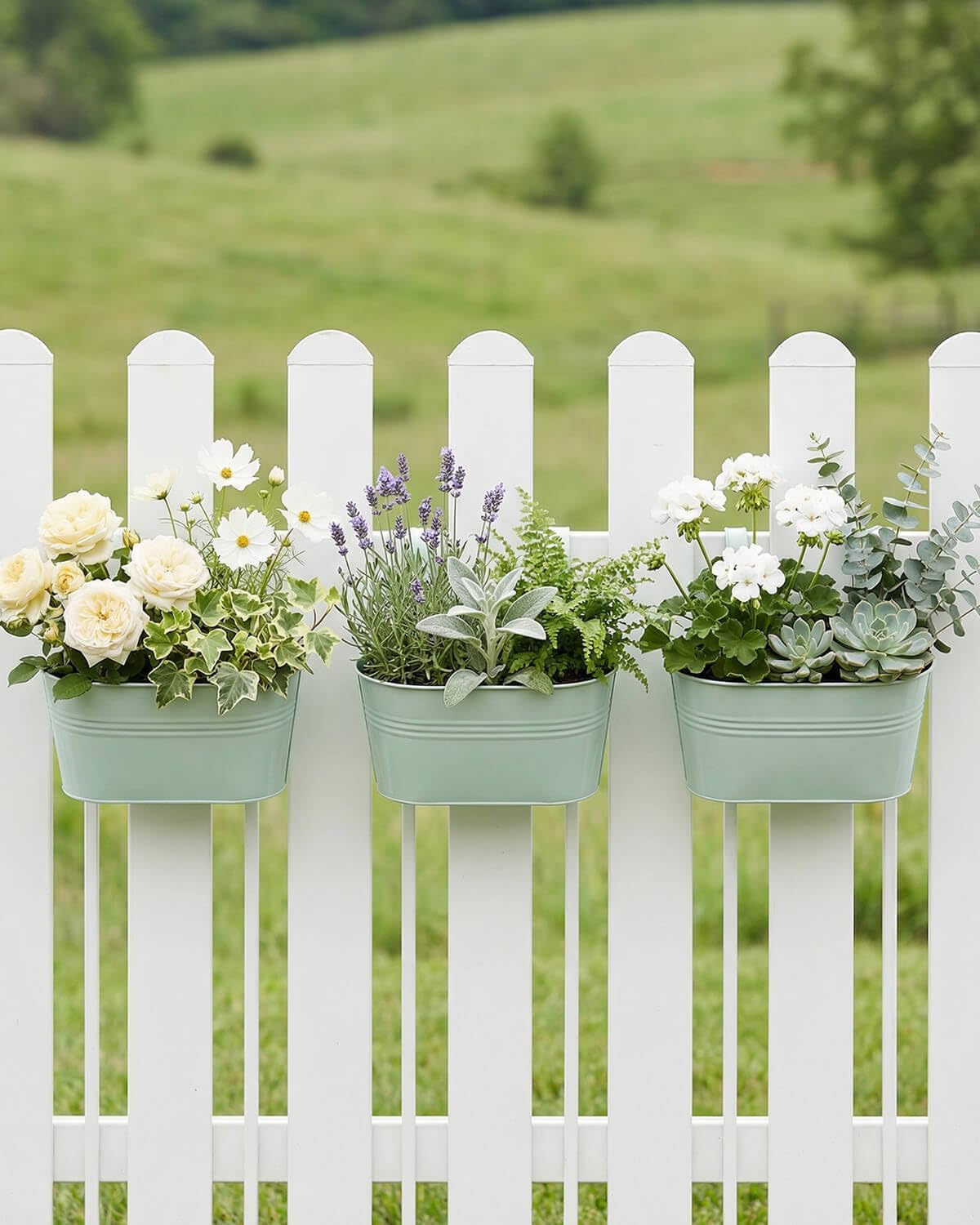 vensovo Metal Railing Planter for Outdoor Plants - 3 Pack Balcony Hanging Planter Box with Detachable Hooks and Drain Holes Oval Hanging Pots Fence Planters for Railing Garden Fence, Green