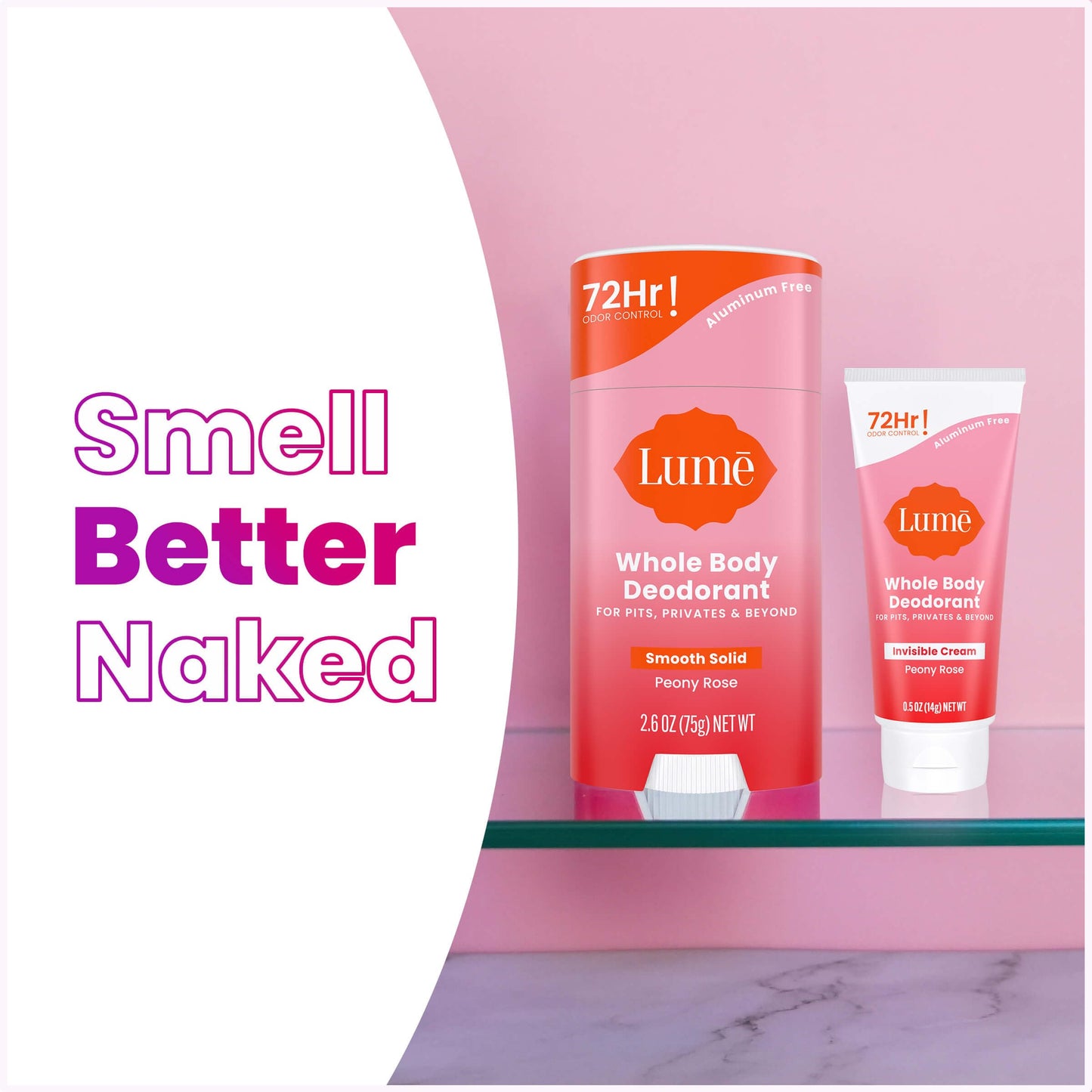 Lume Whole Body Deodorant - Invisible Cream Tube Mini + Solid Stick Bundle - 72 Hour Odor Control - Aluminum & Baking Soda Free, Skin Loving (Peony Rose)