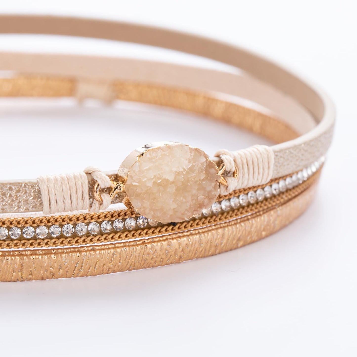 FANCY SHINY Boho Leather Wrap Bracelet Stackable Chunky Crystal Cuff Bracelets with Magnetic Clasp Cowboy Cowgirl Western Summer Beach Outfits Jewelry Gifts for Women (14.7", Gold)