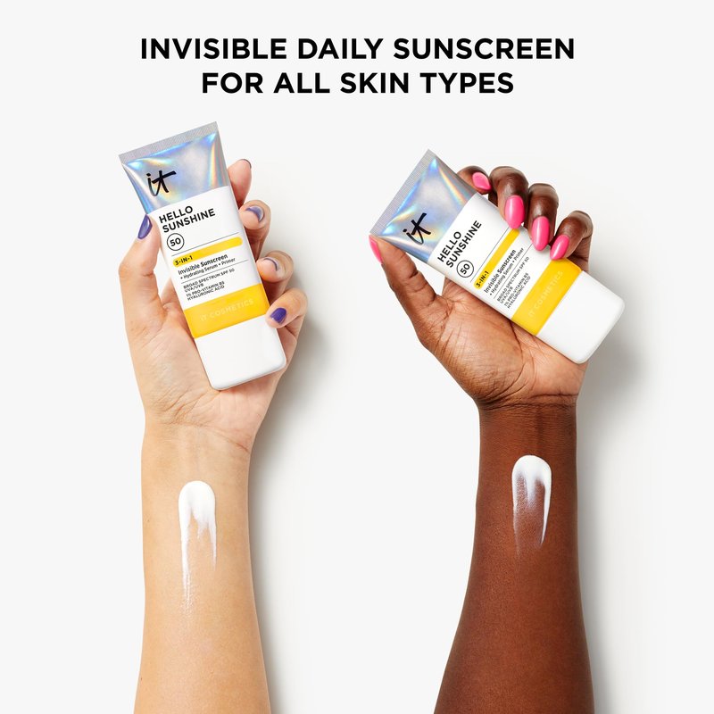 IT Cosmetics Hello Sunshine Invisible Sunscreen for Face SPF 50 - Sunscreen, Hydrating Serum & Makeup Primer - 1% Pro-Vitamin B5 & Hyaluronic Acid - HSA/FSA Eligible - No White Cast - 2.7 fl oz