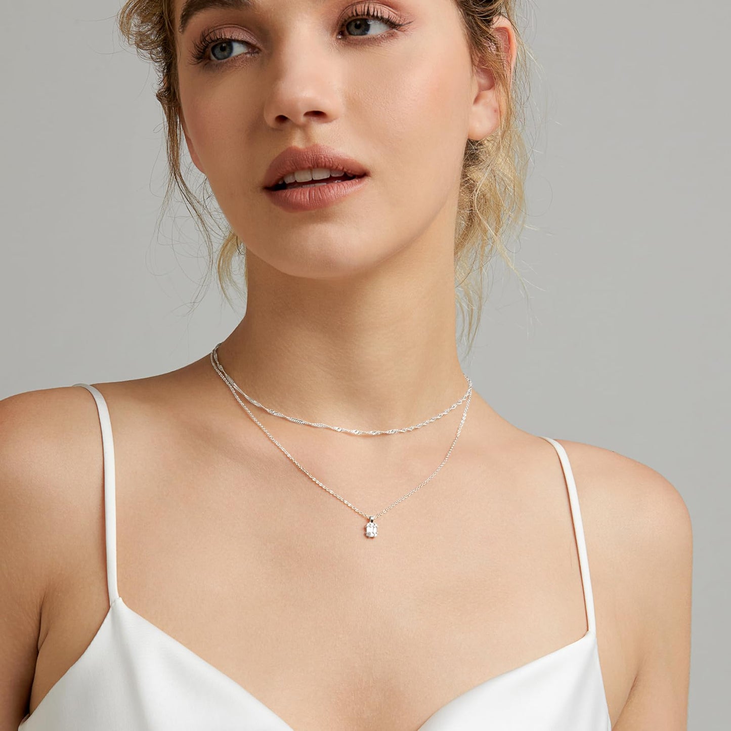 Zeffy Silver Necklace for Women Dainty Silver Layered Necklaces Prom Diamond Necklace Simple Chain CZ Choker Necklaces Silver Set Jewelry Gifts for Women