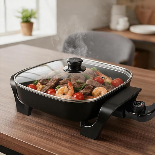 8" Electric Skillet with PFAS-Free Non-Stick Ceramic Coating, Removable Electric Frying Pan with Adjustable Temperature, Reversible Design, Tempered Glass Lid, Black