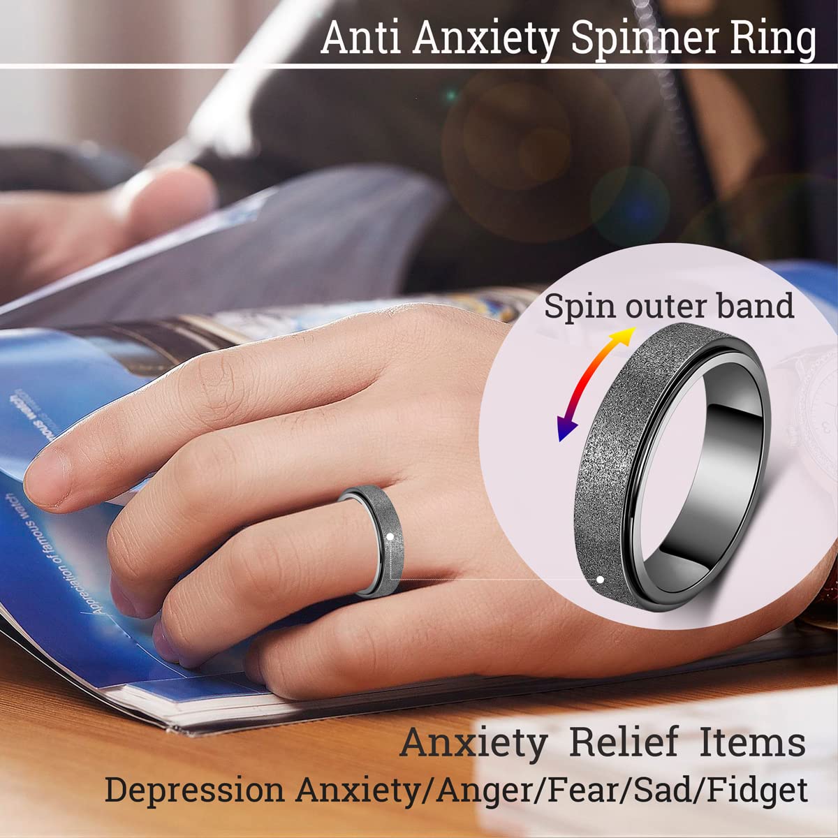 Anxiety Ring for Women Fidget Spinner Ring Fidget Toys Adults Titanium Stainless Steel Thumb Ring 6mm Wide Black Size 8