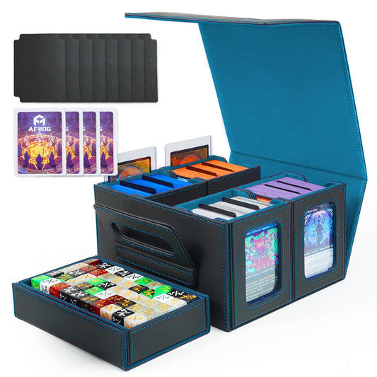 AFIING Commander Deck Box for MTG, Holds 400+ Double-Sleeved Cards, 4 Removable Deck Cases with Display Window, Dice Tray/Handle,Trading Card Storage Organizer/Dividers for TCG (Black Cyan)