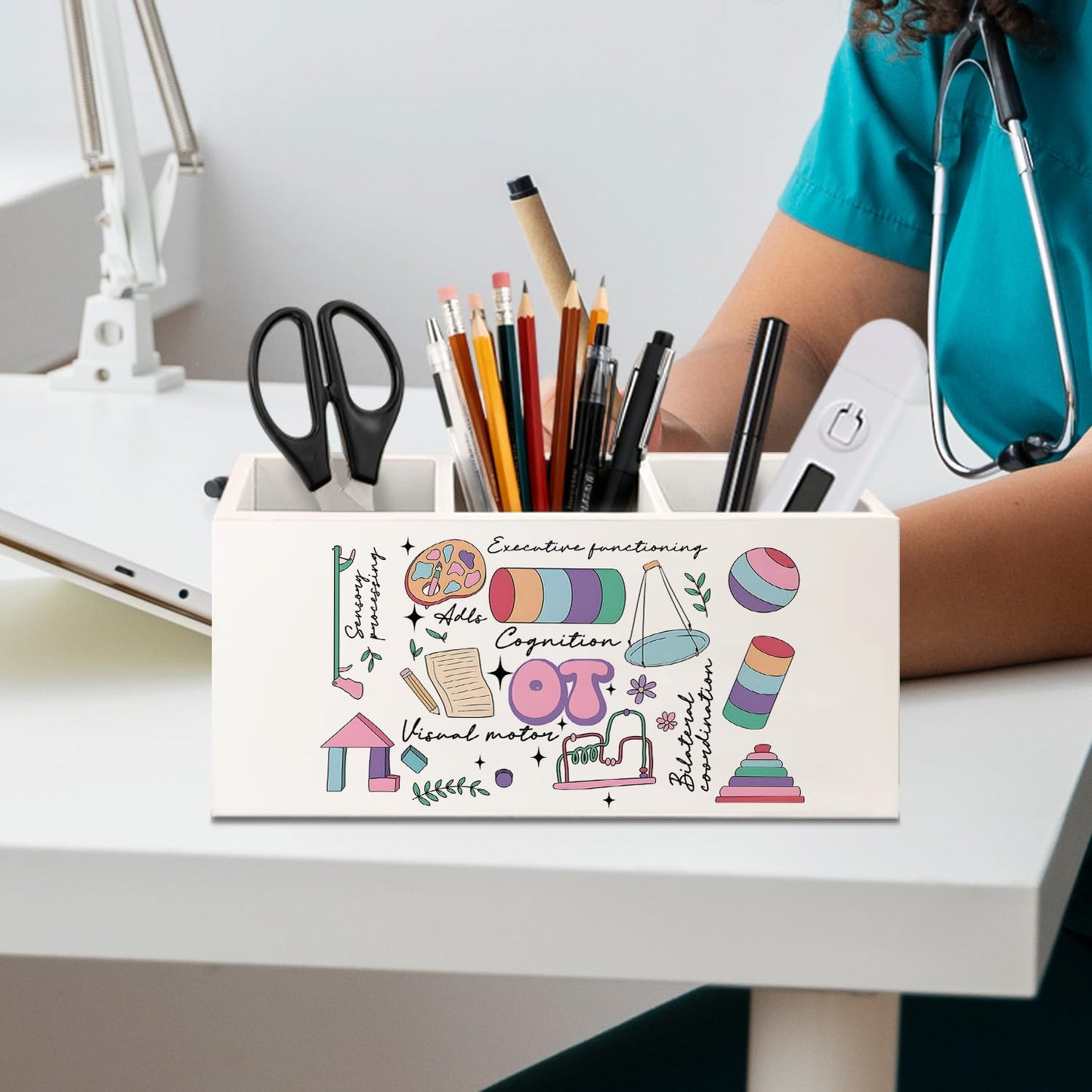 KBRCT Occupational Therapy Gifts Pen Holder for Desk, OT Gifts Wooden Box Sign Desk Decor for Office Home Decoration, Occupational Therapist Gift Pencil Organizer, Therapy Office Decor