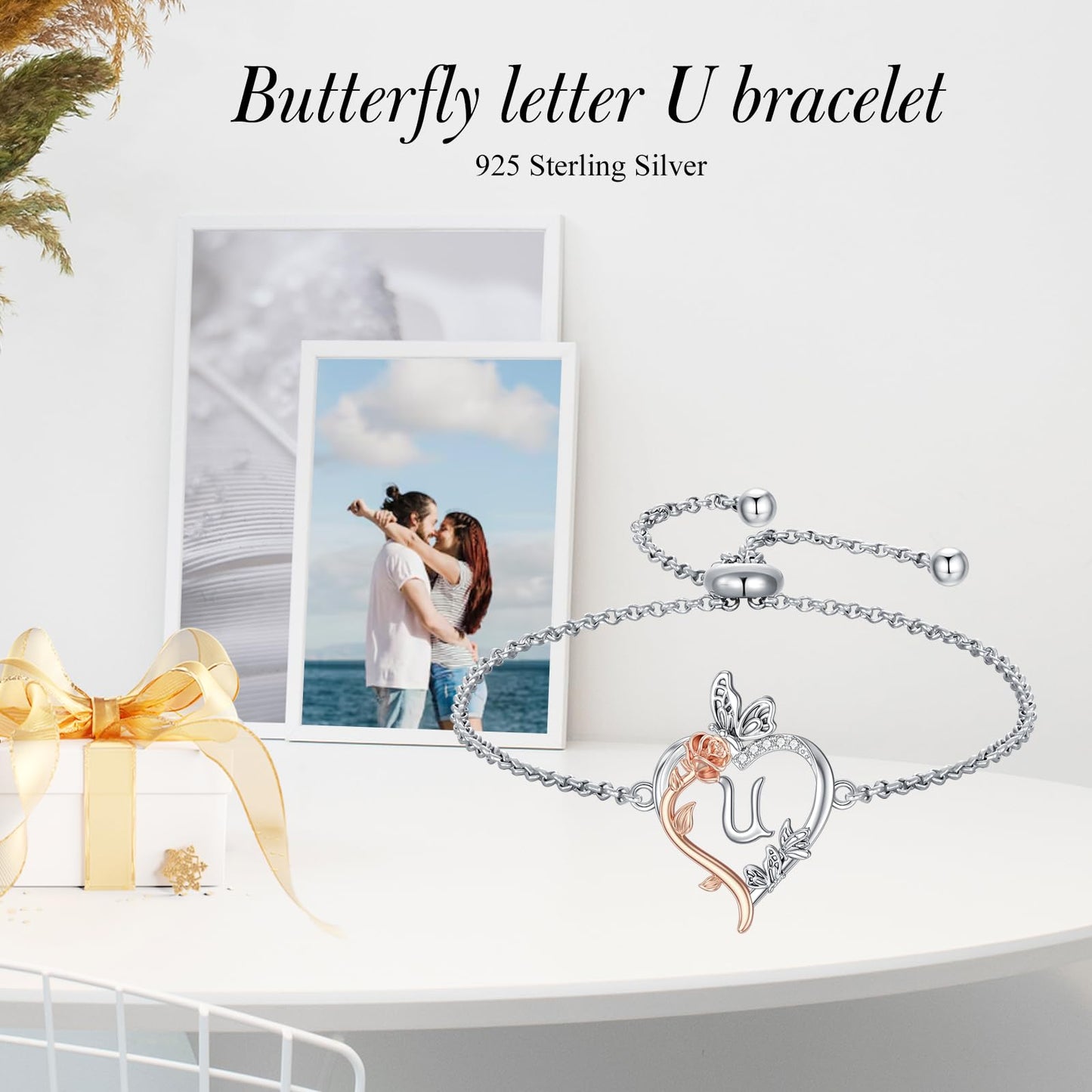 TOUPOP Rose Heart Bracelet for Women Sterling Silver Heart Initial U Letter Bracelet Butterfly Love Jewelry Anniversary Birthday Mothers Day Gifts for Mom Wife Her Girlfriend