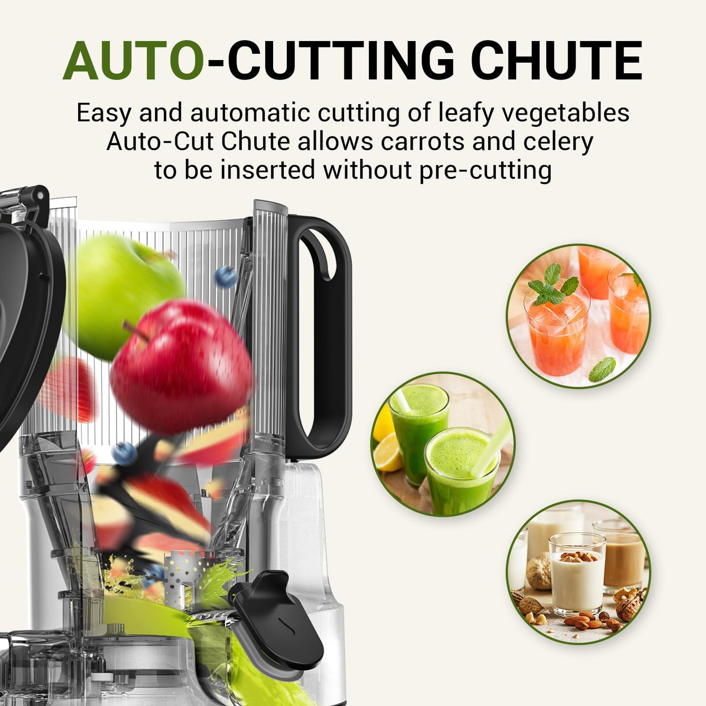 AMZCHEF Cold Press Juicer with 6.5" Large Feed Chute, Slow Masticating Juicer for Whole Fruits & Vegetables, 3-Layer Strainer, Copper Motor, High Juice Yield, Easy to Clean, Green