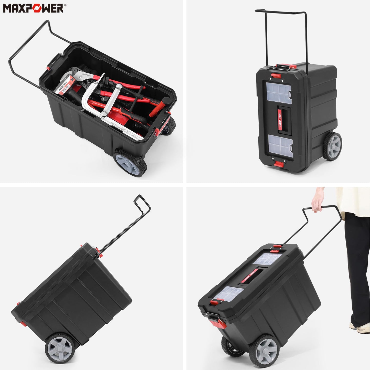 MAXPOWER Rolling Tool Box with Wheel, 8 Gallon Storage Capacity Deep Tool Box, Lockable Latches, Removable Tray, Black Toolbox