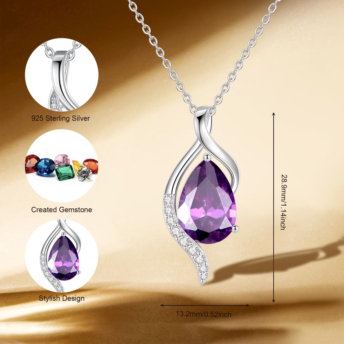 FANCIME February Birthstone Necklace for Women Teardrop Amethyst Necklace S925 Sterling Silver Gentle Love Birthday Gifts for Mom Women, 16"+2" Inches