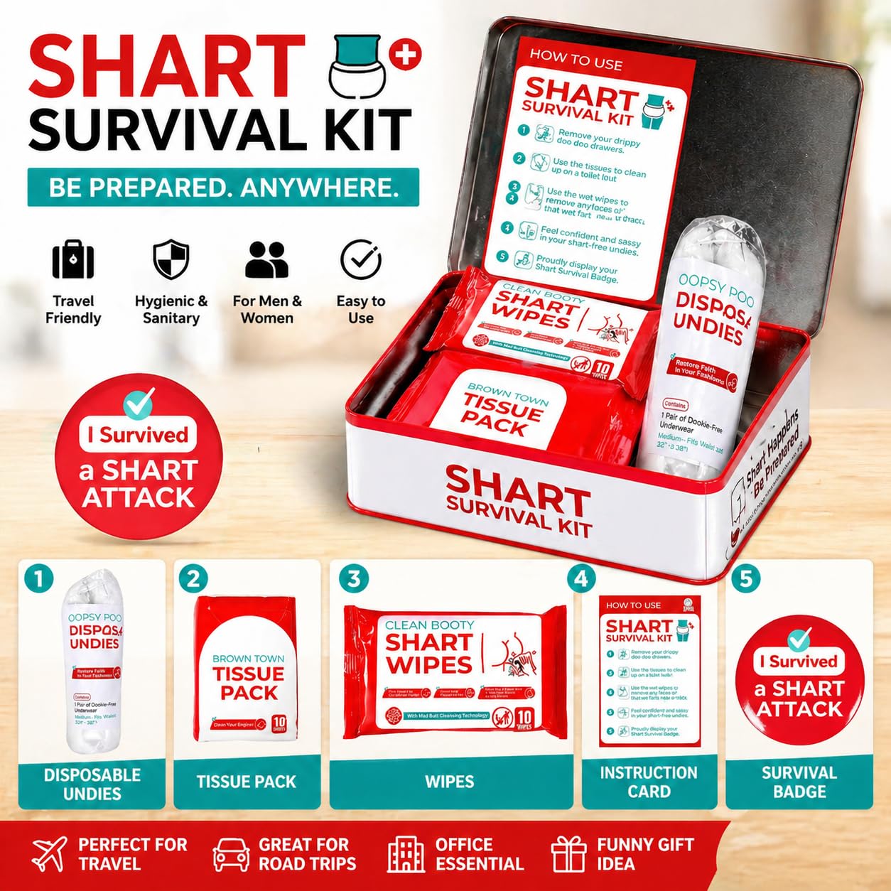 Funny Shart Survival Kit Ultimate Poop Prank Gag Gift Set Contains Wet Wipes, Disposable Underwear, Tissues and Hilarious Badge. Novelty Fart Potty Pack Great for Friends or Family