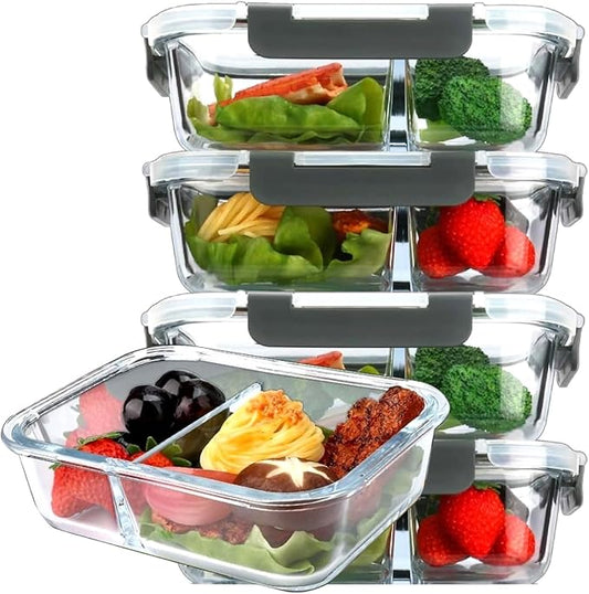 5-Pack 36 oz Glass Meal Prep Containers with Leak Proof Locking Lids, Glass Lunch Containers, Food Prep Lunch Box, Bento Box for Microwave, Oven, Freezer, Dishwasher Safe(2 Compartments)