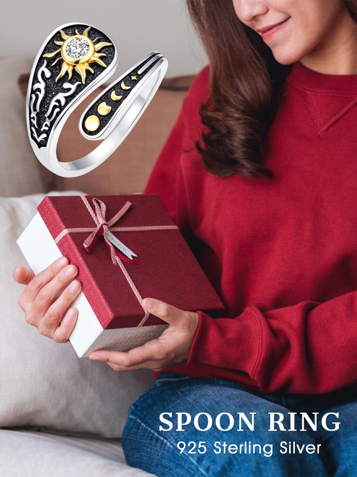Midari Sun and Moon Star Spoon Rings Cubic Zirconia 925 Sterling Silver Adjustable Sun and Moon Thumb Vintage Finger Open Spoon Ring Moon Phase Jewelry Halloween Christmas Birthday for Women Daughters Friends