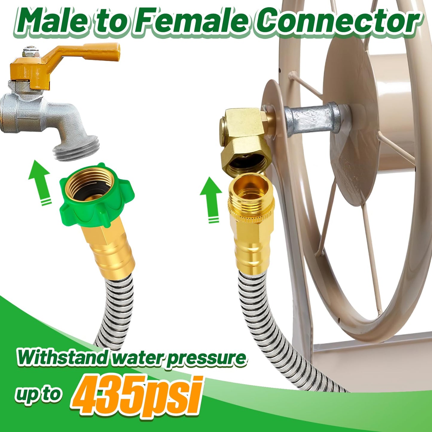 Short Garden Hose with Male to Female Connector - 5ft Metal Leakproof Leader Hose for Reel, Heavy Duty 304 Stainless Steel Flexible Water Pipe for Outdoor Garden Watering Car Pet Cleaning