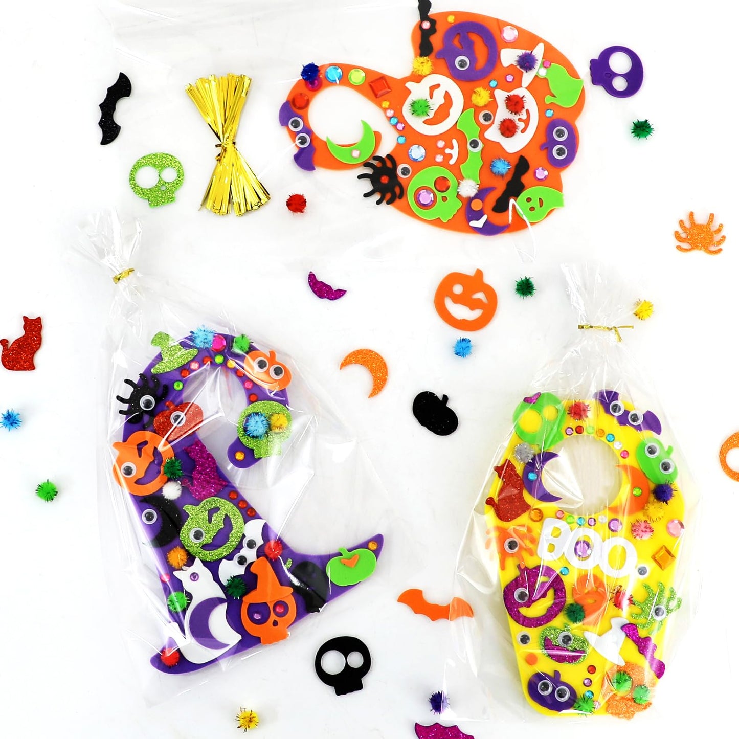 24 Set Halloween Craft Kits DIY Halloween Doorknob Hanger Decorations Fall Arts & Crafts Supplies, Halloween Pumpkin Bat Ghost Monster Foam Stickers for Classroom Gift Party Favors Activities