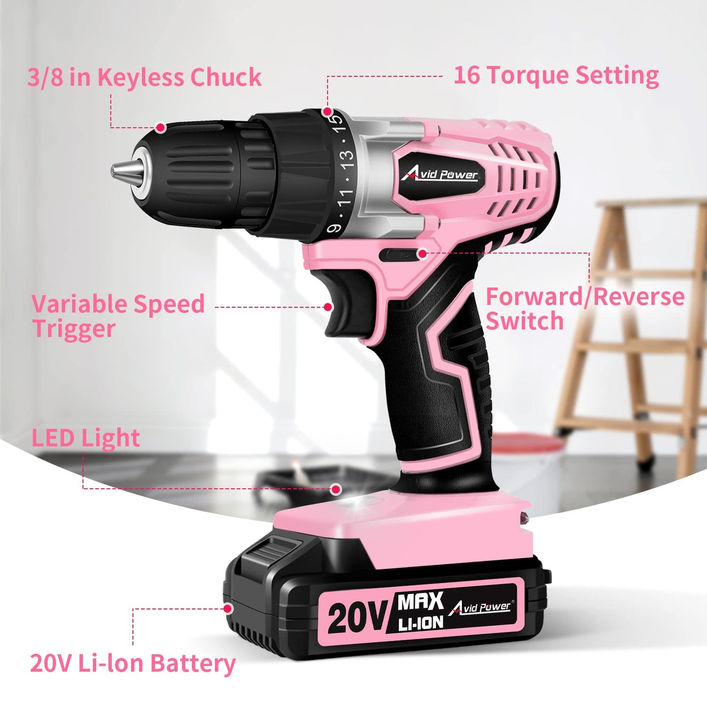 AVID POWER 20V Cordless Drill Set for Home DIY & Beginner Projects - Lightweight Power Drill with Battery Charger & 22 Bits, Variable Speed, 3/8" Keyless Chuck, Ideal for Furniture Assembly (Pink)