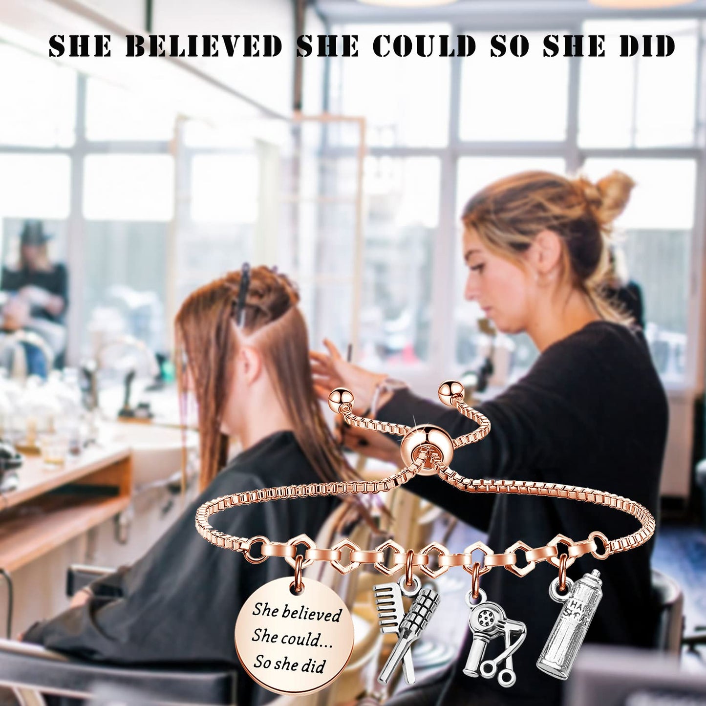 PLITI Hairstylist Gifts Hairdresser Gift Hair Stylist Bracelet Barber Gifts She Believed She Could So She Did Hairdresser Jewelry Cosmetology Graduation Gift (She Believed Hairstylist rg)
