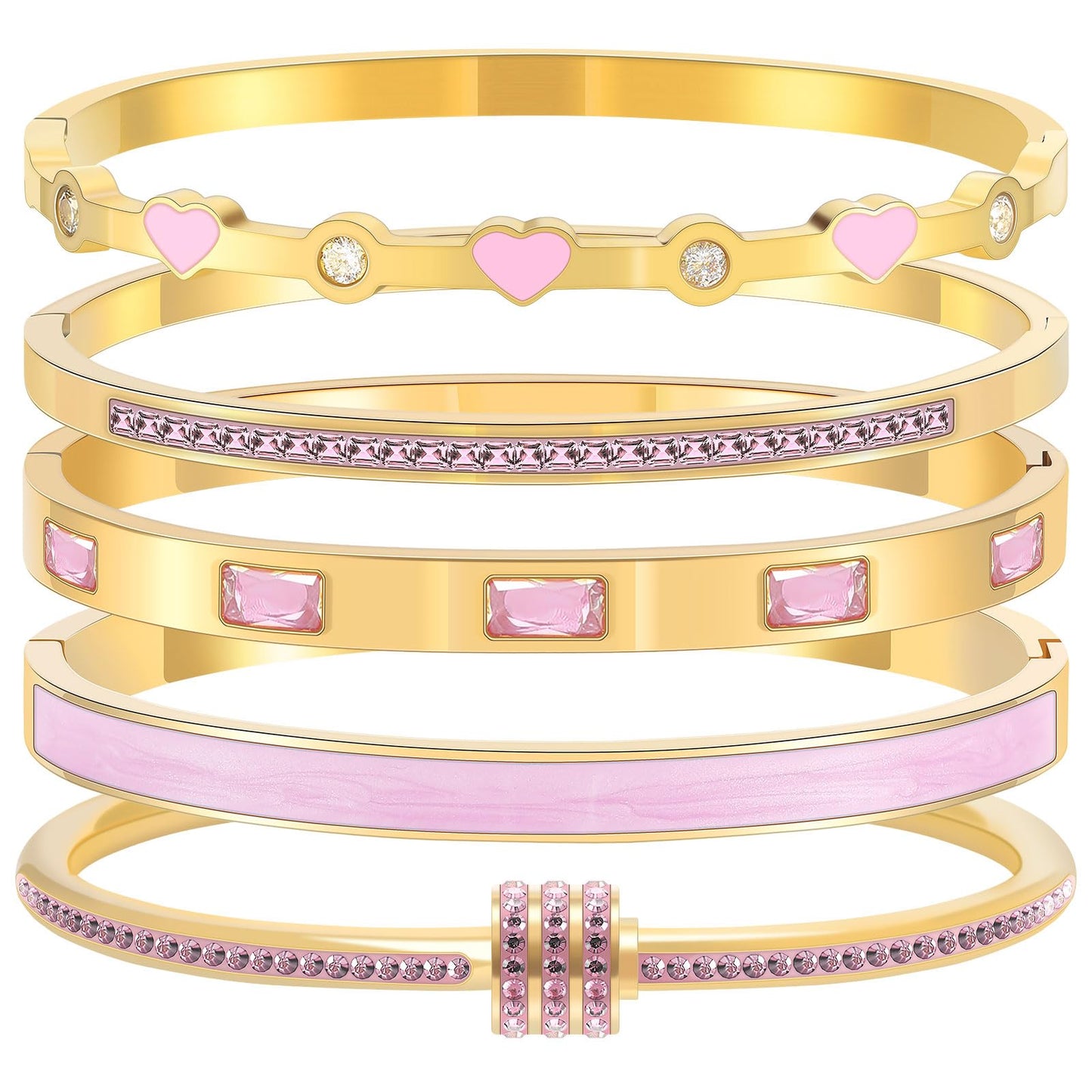 Camhanno 18K Gold Plated Stainless Steel 5-Piece Gold Bangle Bracelet Set for Women - Pink Crystal Friendship & Love Heart Design, Stackable Bangles Jewelry - Ideal Birthday Gift for Women (Pink)