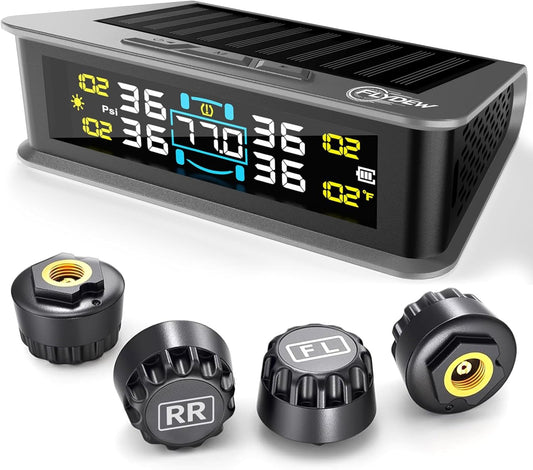 RV Tire Pressure Monitoring System (TPMS) - TPMS sensors Set of 4 & 6 Alarm Modes | Solar/USB Charger | LCD Display | for RV/Truck/SUV/MPV/Sedan.