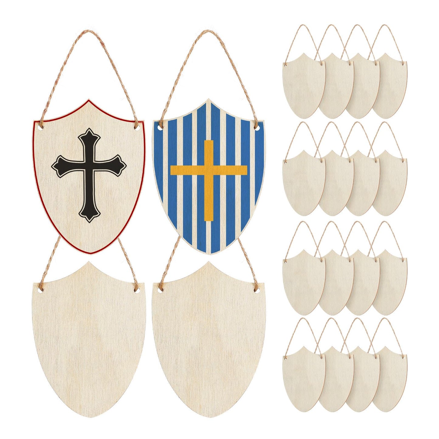 jojofuny 20pcs Unfinished Wooden Shield Cutouts, Paintable DIY Wood Craft Shapes for Knight Party Favors, Medieval Decorations & Home Decor, 3.93 x 2.75 Inch
