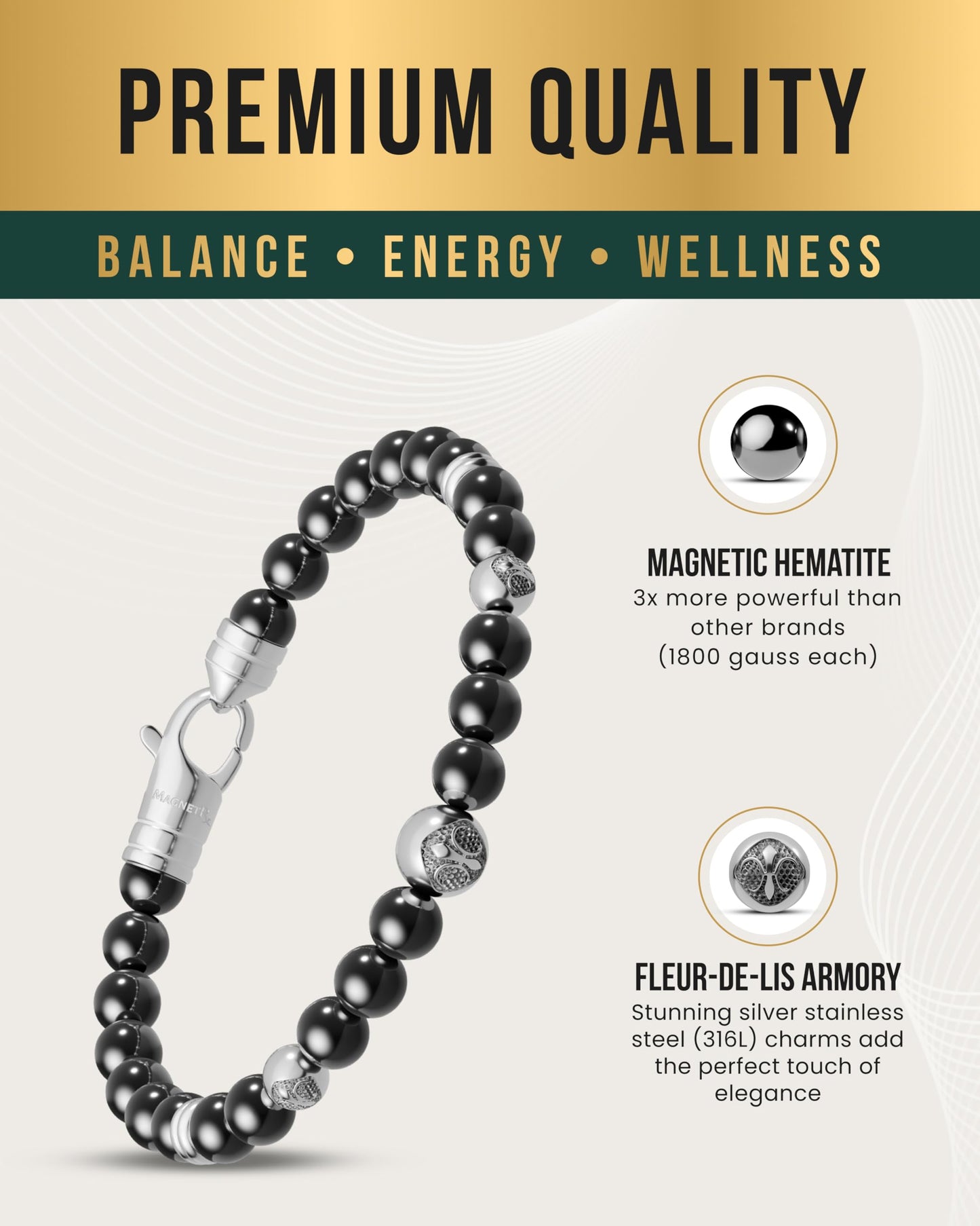 MagnetRX® Hematite Magnetic Bracelet – Max Strength Magnet Stones with Stainless Steel Charms – Elegant Magnetic Hematite Beaded Bracelets for Men (Armory | Large)