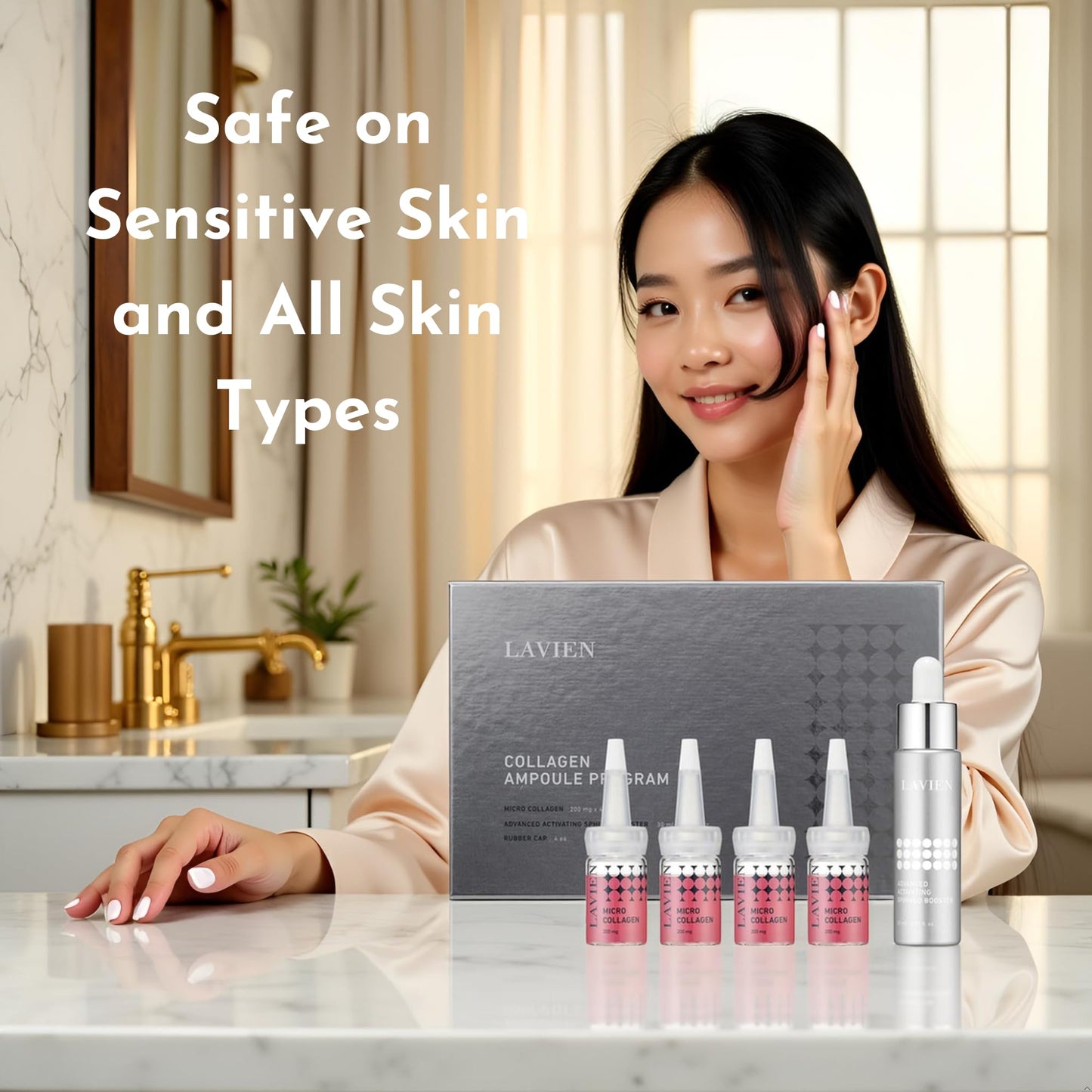 Lavien Collagen Ampoule Program (Pink) - Skin Elasticity, Low Molecule Collagen, Skin Aging Improvement, All Skin Types - 30 ml Buster Bottle, 4-200 mg Collagen with Dropper