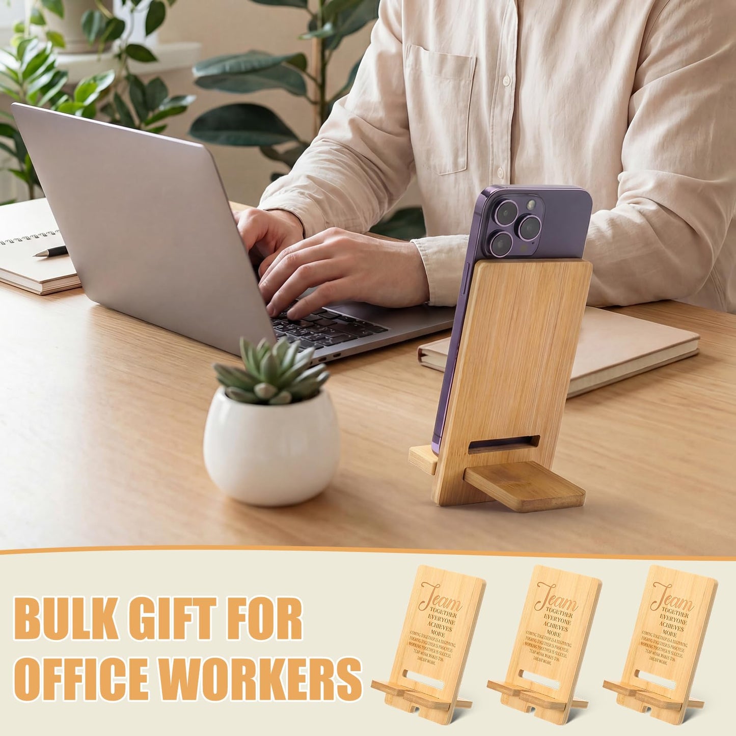 Ripeng 10 Pcs Employee Appreciation Gifts Bulk Bamboo Phone Stand for Desk Office Workers Inspiration Thank You Gift for Team Coworkers Staff Volunteer Nurse Teacher Colleagues Gratitude (Team)