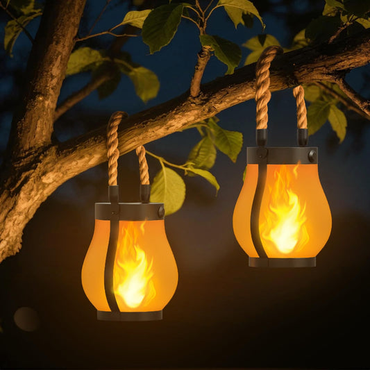 Hompavo Gen2 Solar Lanterns Outdoor Waterproof with Realistic Flickering Flame, Dual Charging (USB/Solar) & 2 Modes - Decorative Hanging/Table Lights for Yard Patio Garden Halloween Christmas Decor, 2