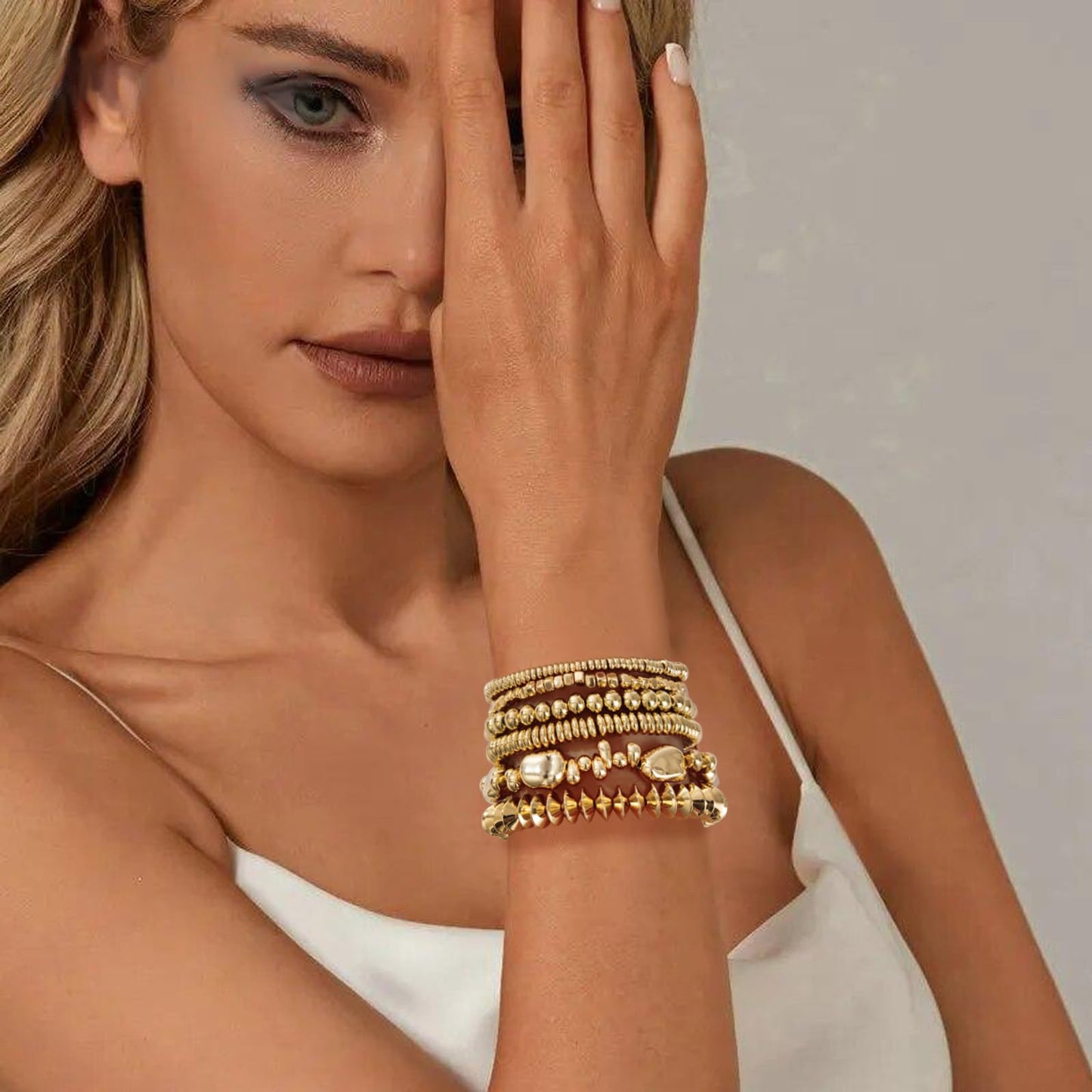 Sajidos Gold Plated Beaded Bracelets for Women Trendy, 14K Gold Plated Stack Cross Pearl Bead Stretch Bracelets Set Elastic Hypoallergenic Bracelets Jewelry Gifts (style8)
