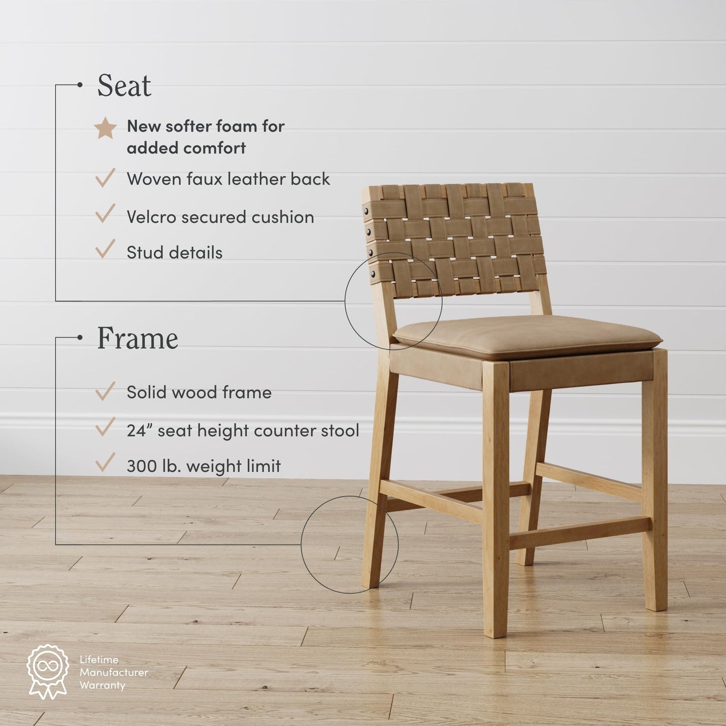 Nathan James Cohen Mid-Century Modern Leather Bar Stool, Counter Height Chair in Solid Wood Frame with Footrest and Woven Leather Back for Kitchen, Natural Brown, 1 count, Barstool - 24"