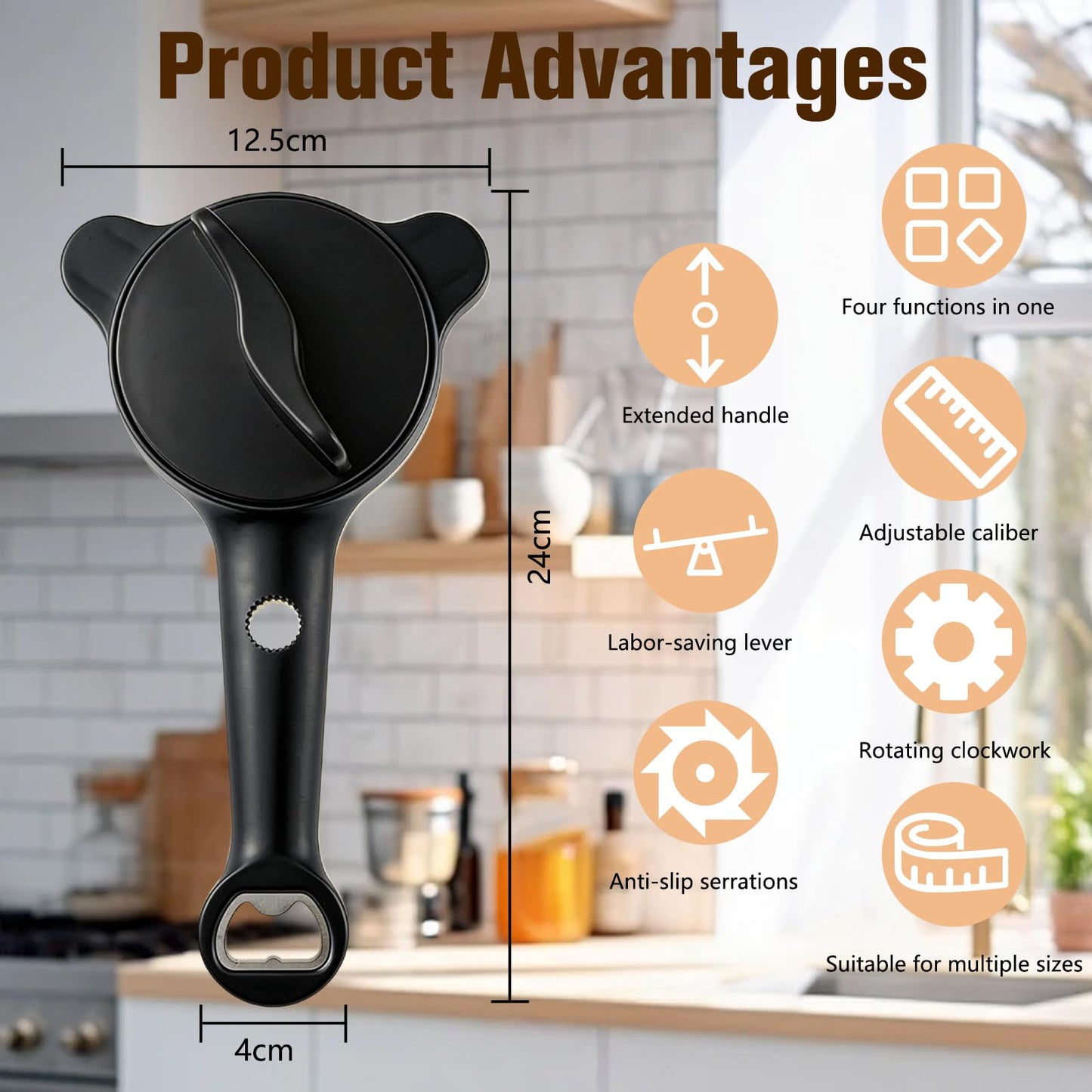 4 in 1 Multi-Purpose Jar Opener,Adjustable Stainless Steel Jar Opener,Multi-Functional Retractable Jar & Bottle Openers,Multi Size Lid Tool for Jars Cans Wine Bottles,Home Kitchen Helper(Black)