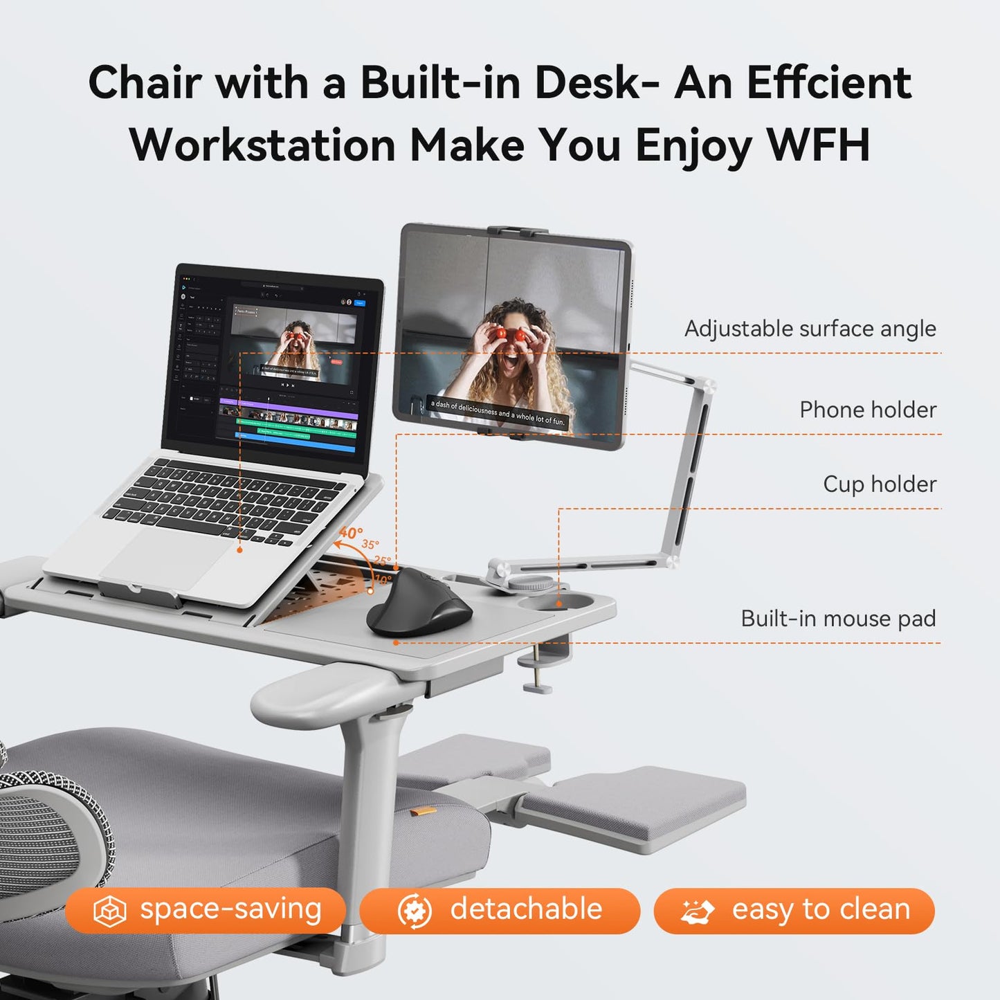 Newtral Office Chair Ergonomic - Home Office Desk Chair, Big and Tall Office Chair, Auto-Following Lumbar Support for Back Pain, Adjustable Seat Depth and Height (with Footrest + Laptop Tray, Gray)
