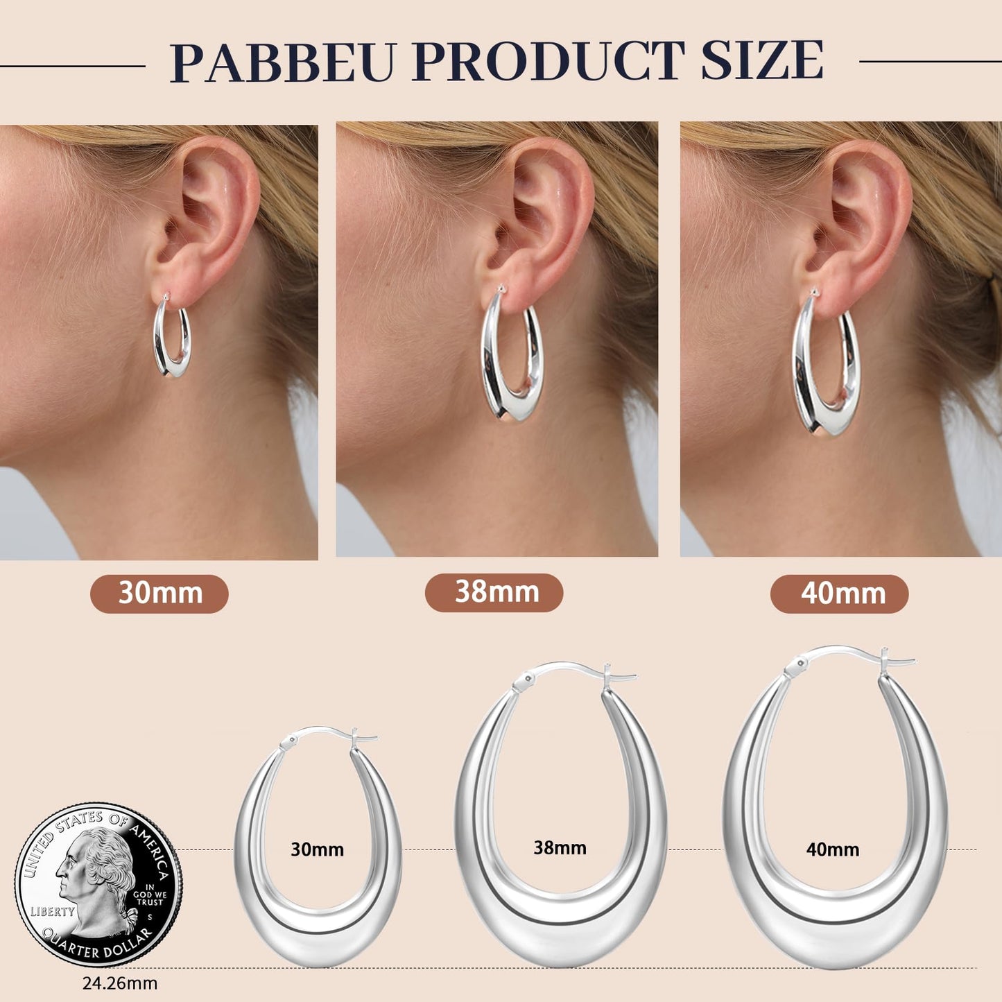 PABBEU Chunky Silver Hoops Earrings for Women, Hypoallergenic Lightweight 925 Sterling Silver Oval Hoop Earring, Sterling Silver Thick Hoop Earrings for Women (30mm)