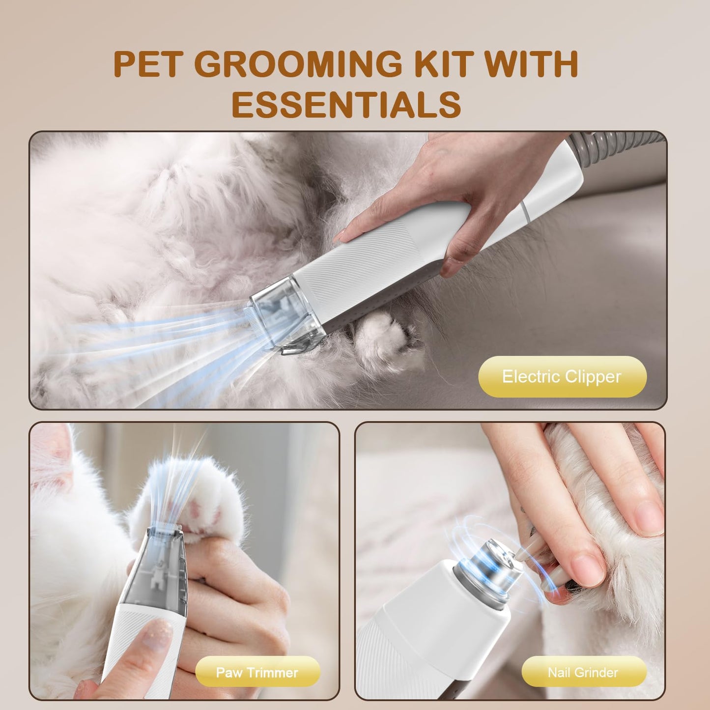Dog Grooming Vacuum, Dog Grooming Kit with Pet Clipper Nail Grinder, 6 Pet Grooming Tools (Tawny)