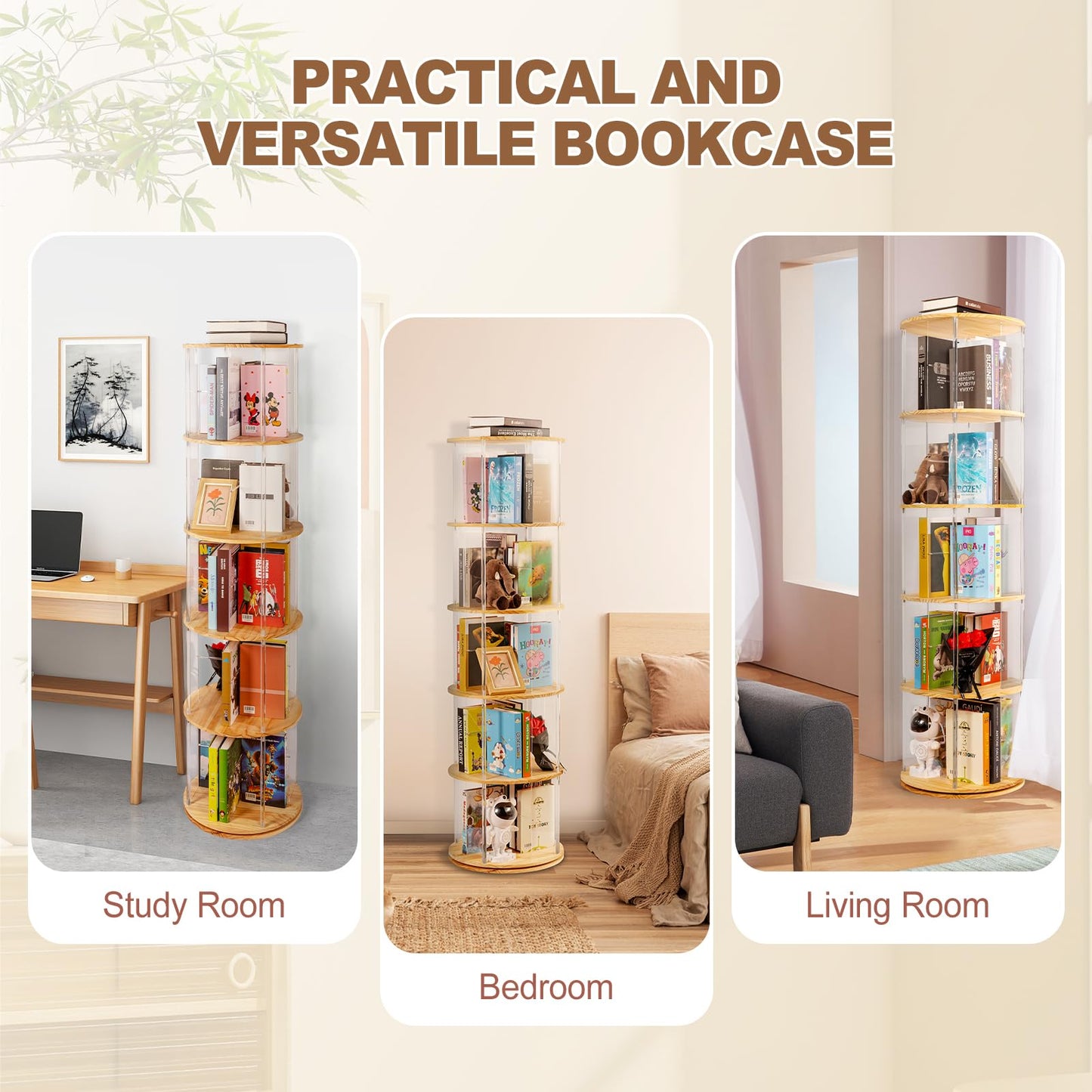 TAKEKIT 360° Rotating Bookshelf, 5-Tier Spinning Book Shelf Tower with Solid Wood & Clear Acrylic, Round Revolving Bookcase for Living Room, Bedroom and Office