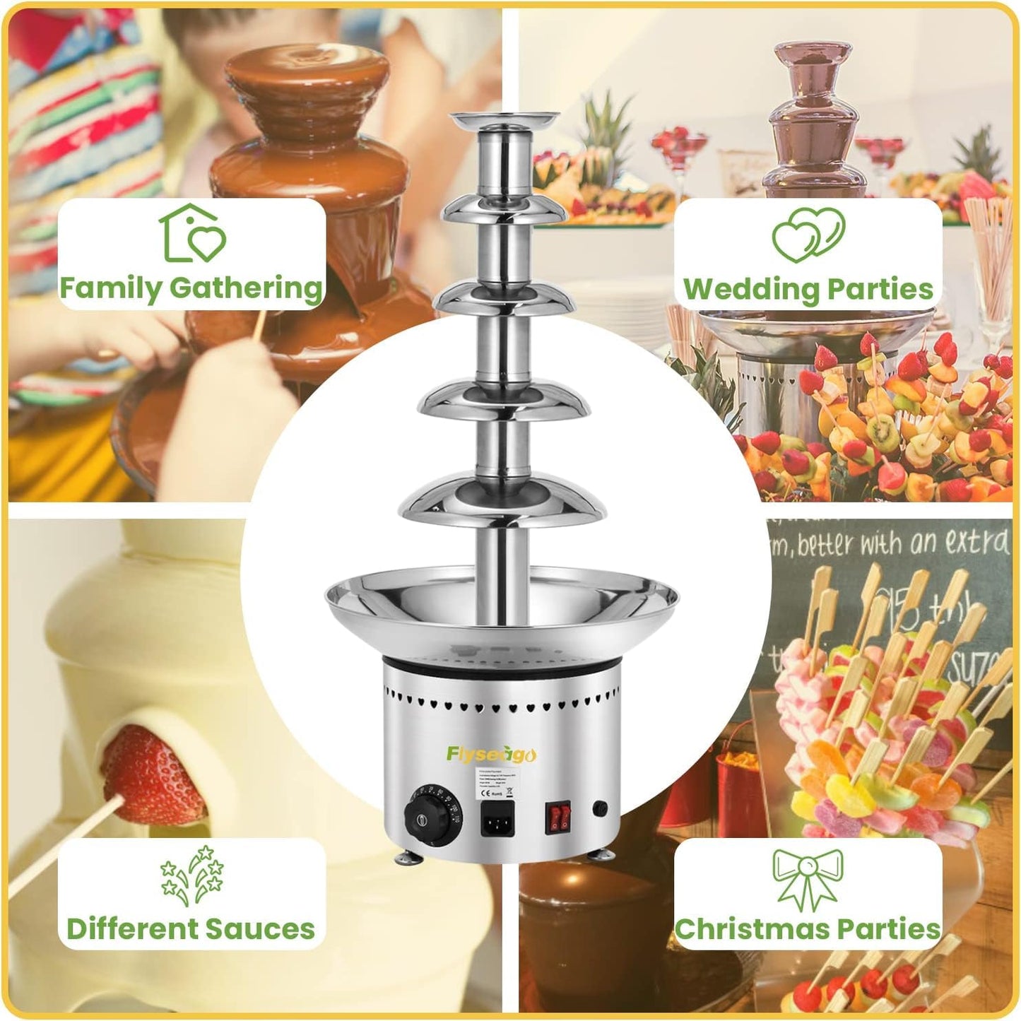 Flyseago Commercial Chocolate Fountain 5 Layers 18Lbs Large Chocolate Fondue Tower Stainless Steel Hot Chocolate Waterfall for Nacho Cheese Knob Control